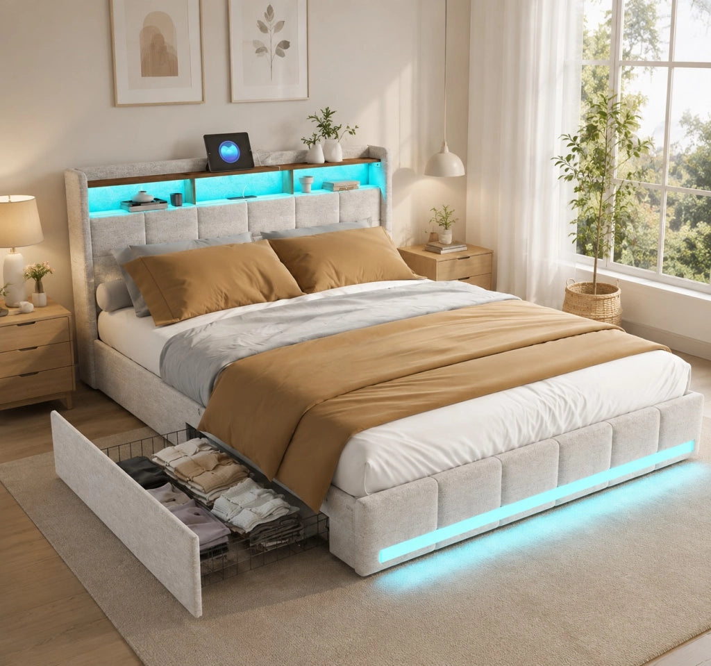 Letto matrimoniale imbottito 140x200 cm con 4 cassetti ; letto Contenitore con LED e USB; letto funzionale letto adulti ;Lino Beige