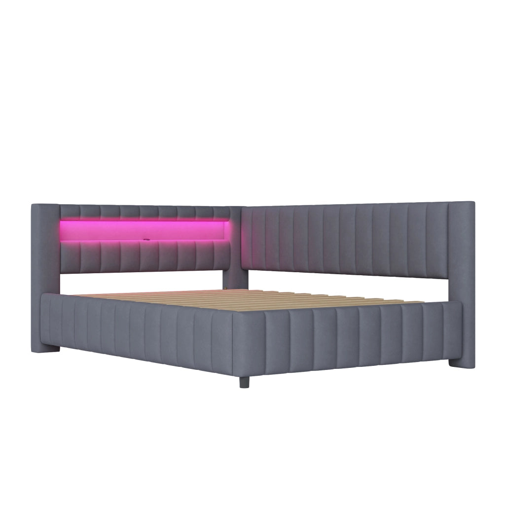 Divano letto 140 × 200 cm a L rivestito in velluto grigio con LED multicolore; USB; testiera e schienale