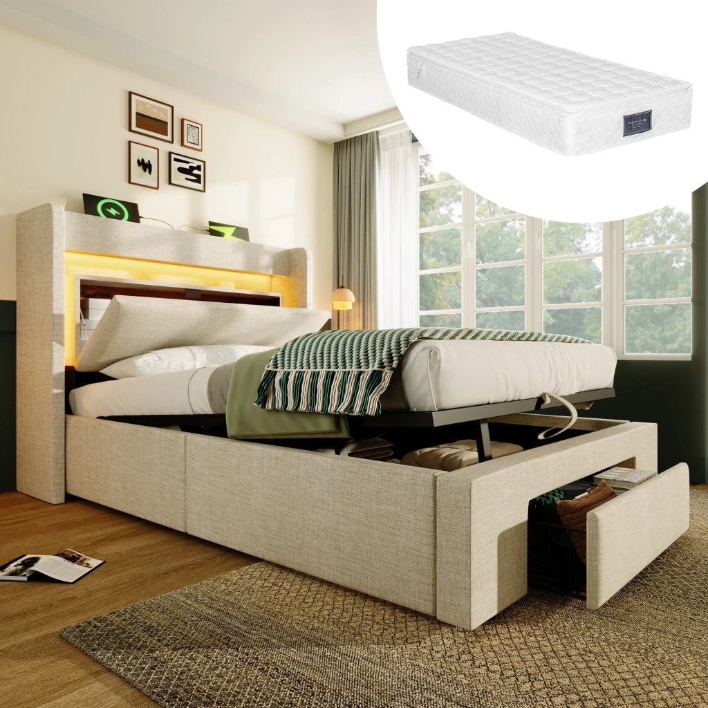 Letto contenitore singolo 90 × 200 cm con LED; USB e USB-C; cassetto; materasso incluso; beige in lino