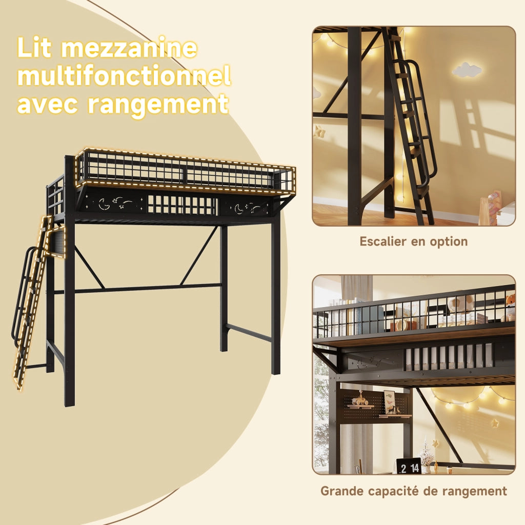 Letto a soppalco 90 × 200 cm con vani portaoggetti e spazio inferiore aperto in metallo nero