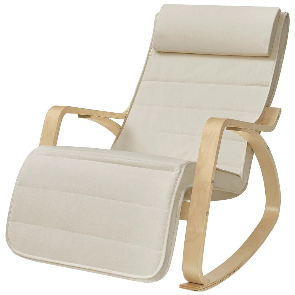Sedia A Dondolo Reclinabile In Legno E Metallo Con Poggiapiedi Poltrona Regolabile 5 Posizioni Per Balcone Giardino Interno Esterno 121.5 x 55 x 84 Cm Beige
