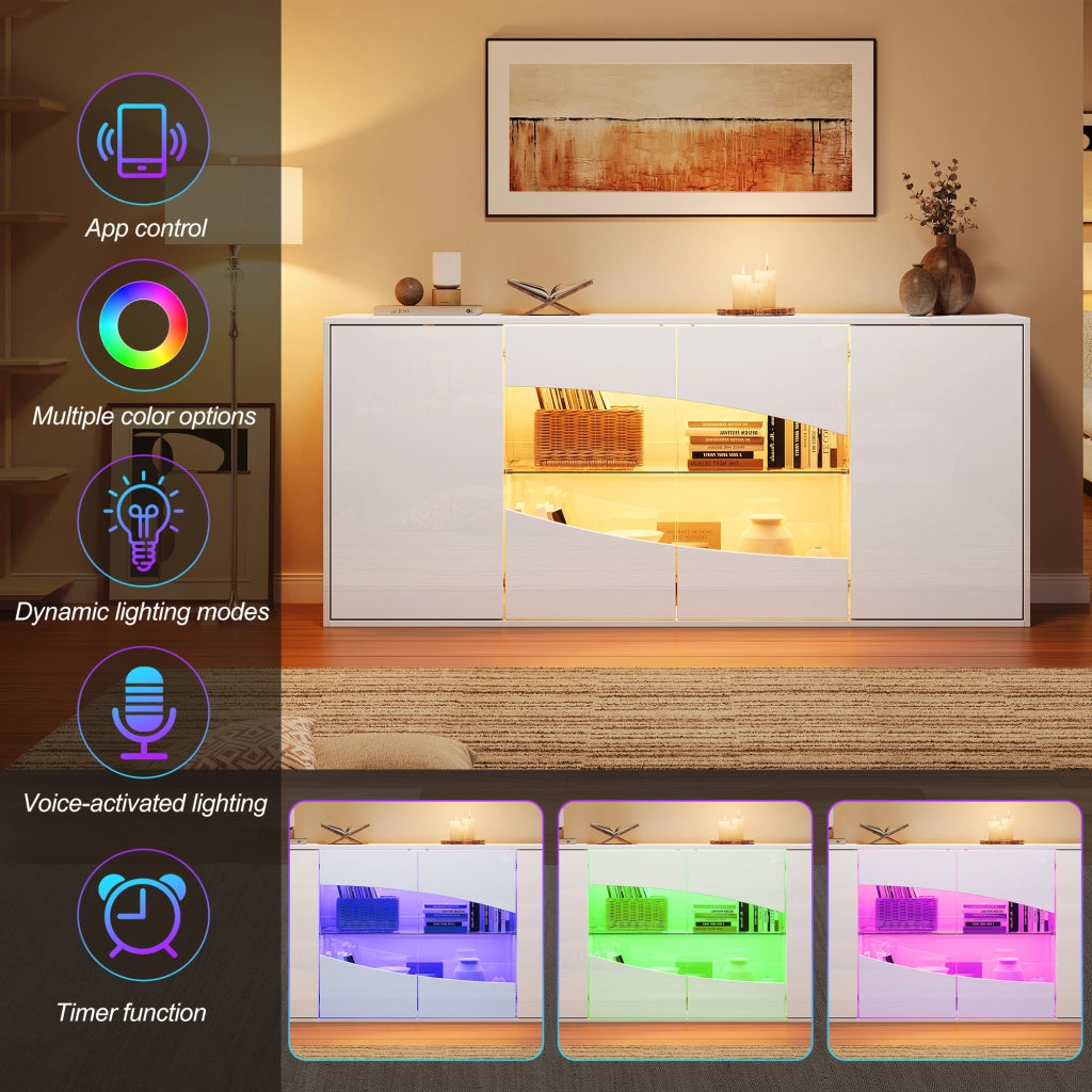 Credenza bianca lucida con illuminazione LED; 160 x 35 x 70 cm; quattro ante; MDF e vetro di sicurezza