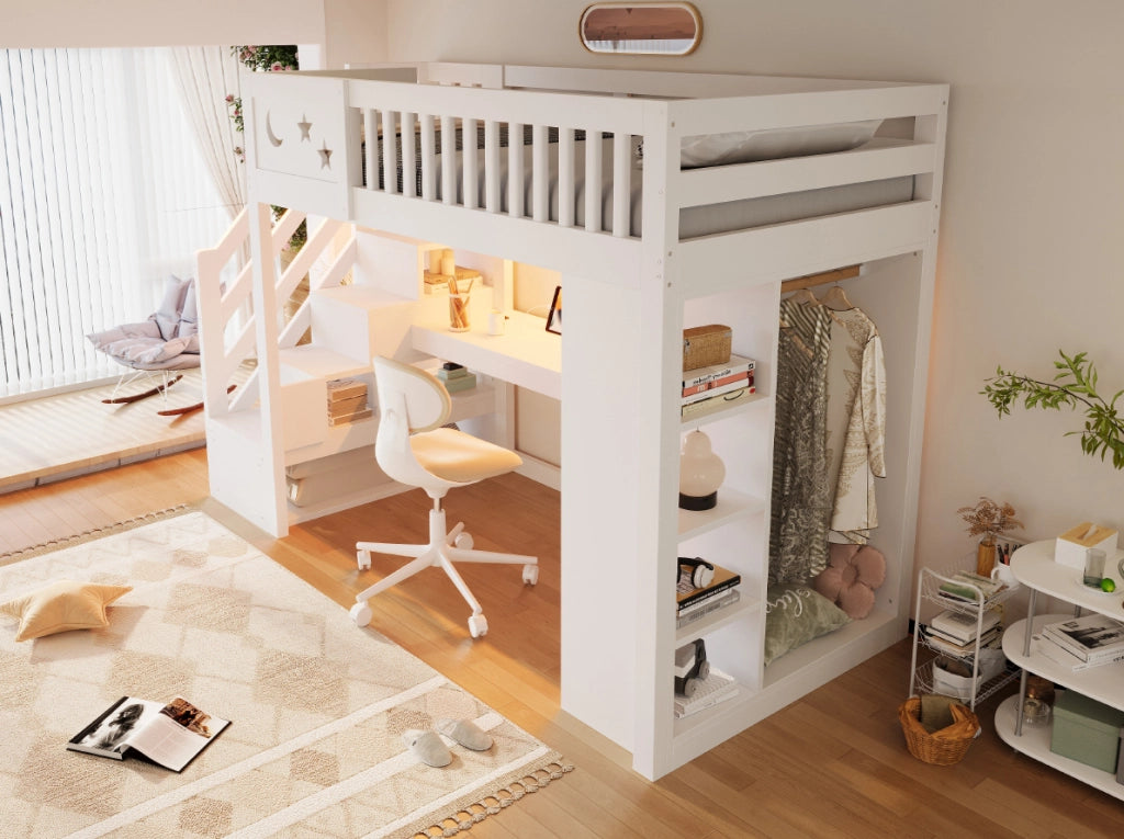 Letto a soppalco ULEVR 90x200 cm con scrivania, LED, prese e scala contenitore, bianco e colore legno
