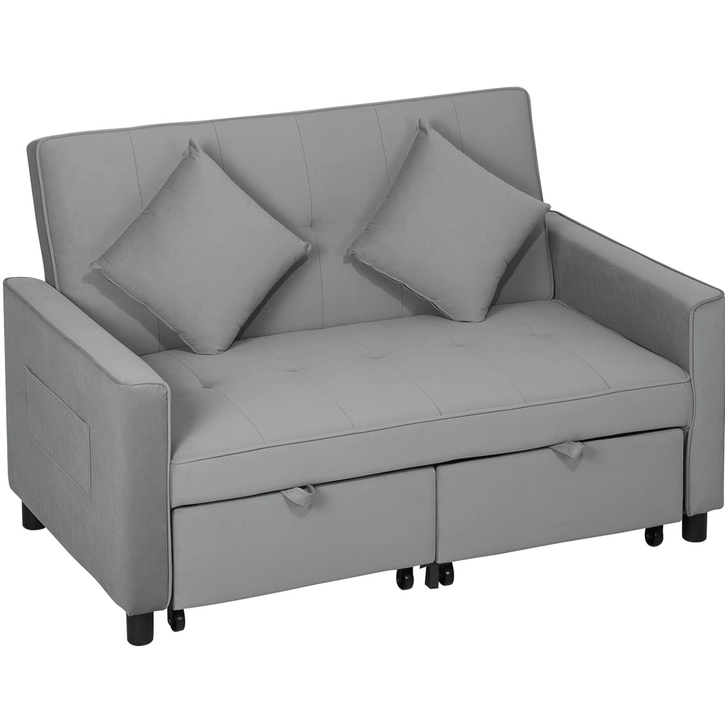 Divano Letto 2 Posti con Funzione Relax, Rivestimento in Velluto Grigio, Schienale Regolabile e Contenitore, Lavorazione con Ruote per Soggiorno o Camera Ospiti