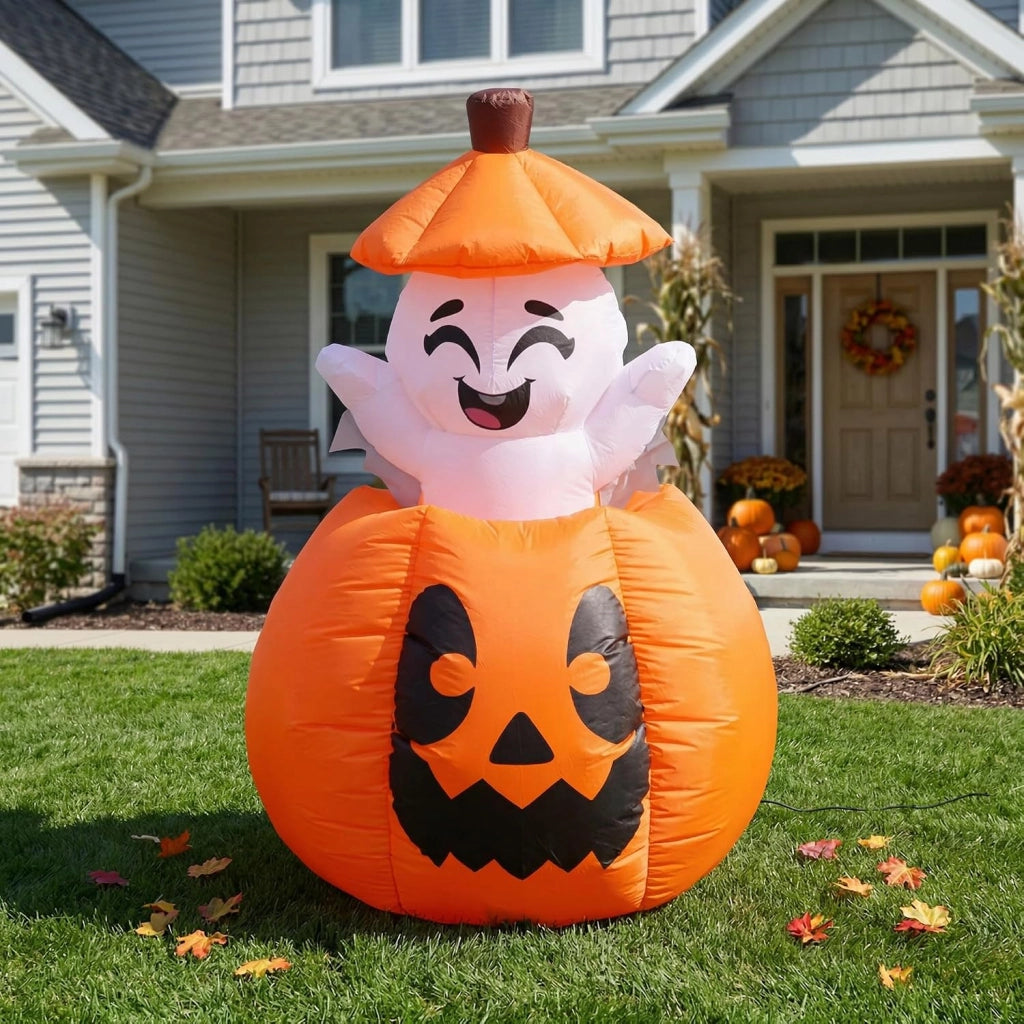 Fantasma e Zucca Gonfiabili di Halloween 150cm con Luci LED e Timer Decorazione da Giardino