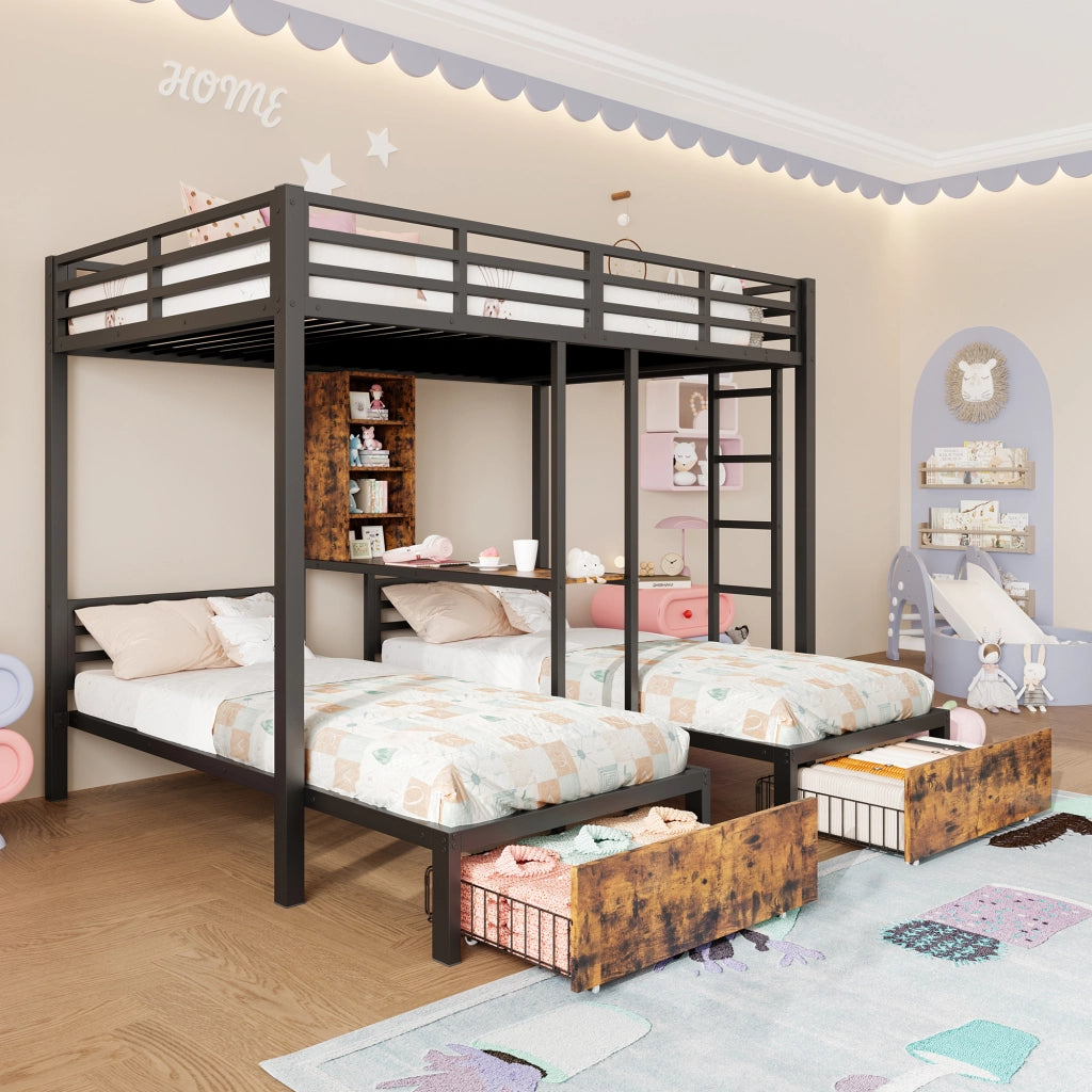 Letto a Castello 140x200 cm + 90x200 cm in MDF e metallo con 2 Cassetti; Ripiani Nero