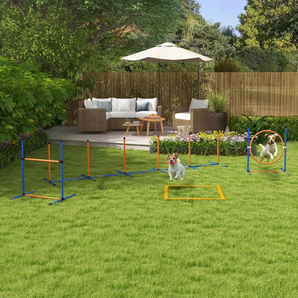 Set Agility Dog per Cani, Percorso Addestramento con Ostacoli e Slalom Regolabile per Giardino, 352 cm x 66 cm x 69 cm, Blu e Rosso