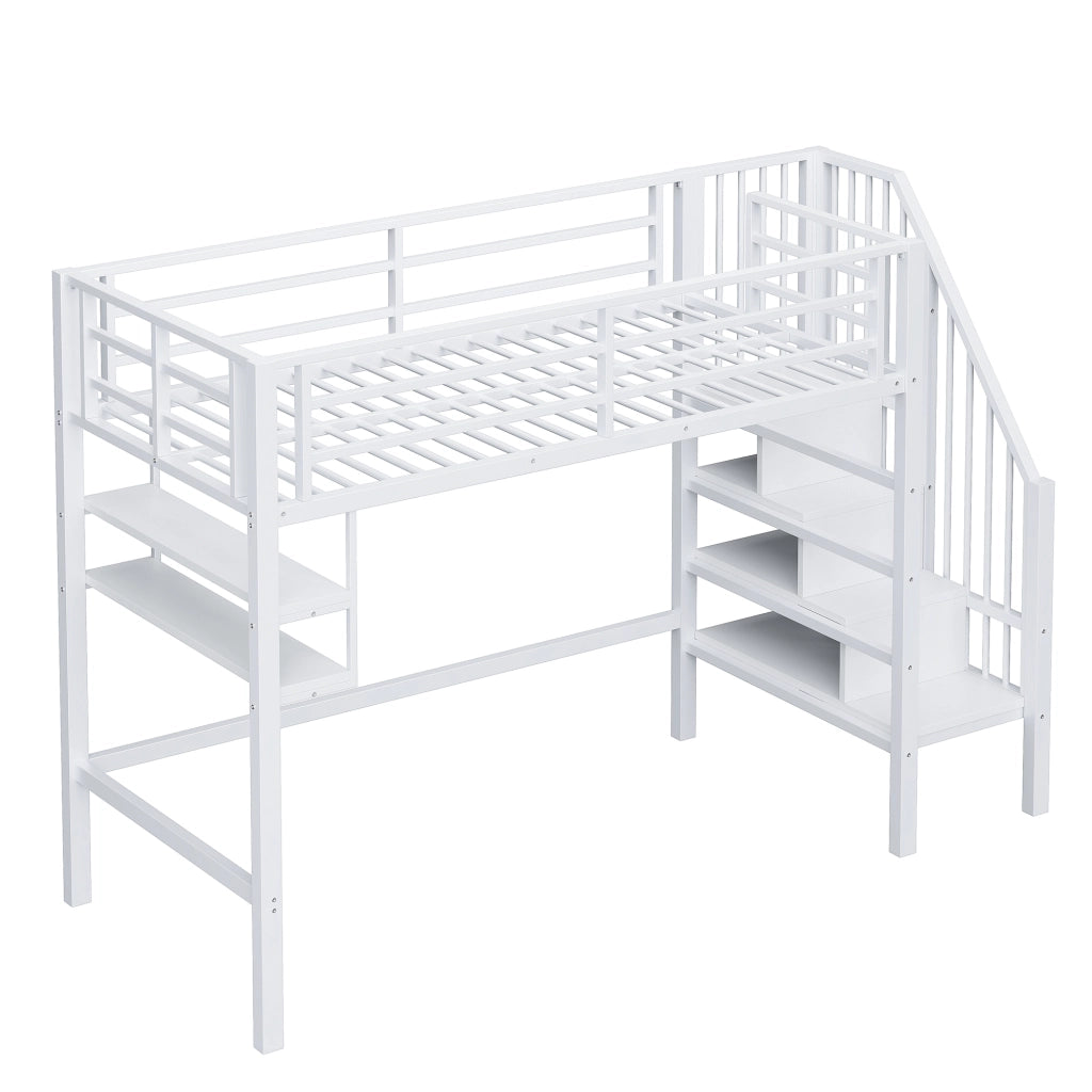 Letto a Soppalco 90x200 cm in metallo con Ripiani Bianco