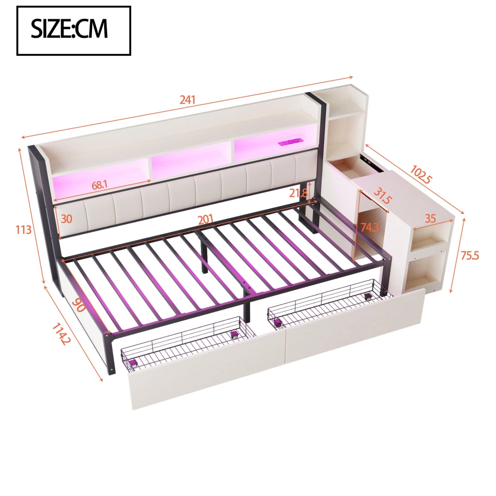 Letto divano singolo 90×200 cm con 2 cassetti; scrivania estraibile e prese integrate; senza materasso; bianco