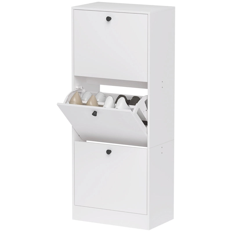 Scarpiera slim con 3 ribalte e ripiani regolabili per 12 paia, per ingresso, in legno, bianca, 47 × 28 × 115 cm