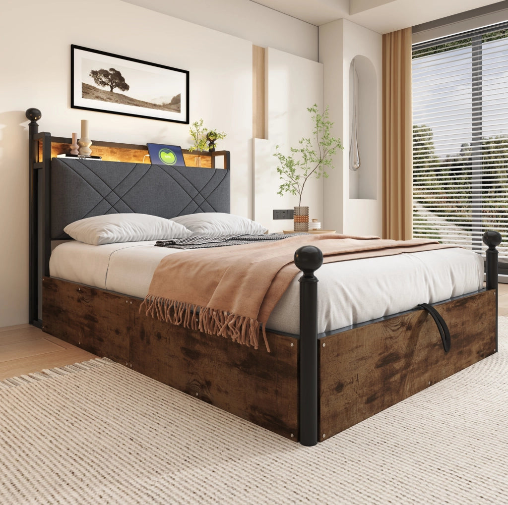 Letto a baldacchino 90x190 cm con contenitore idraulico, LED e USB-C in ferro nero
