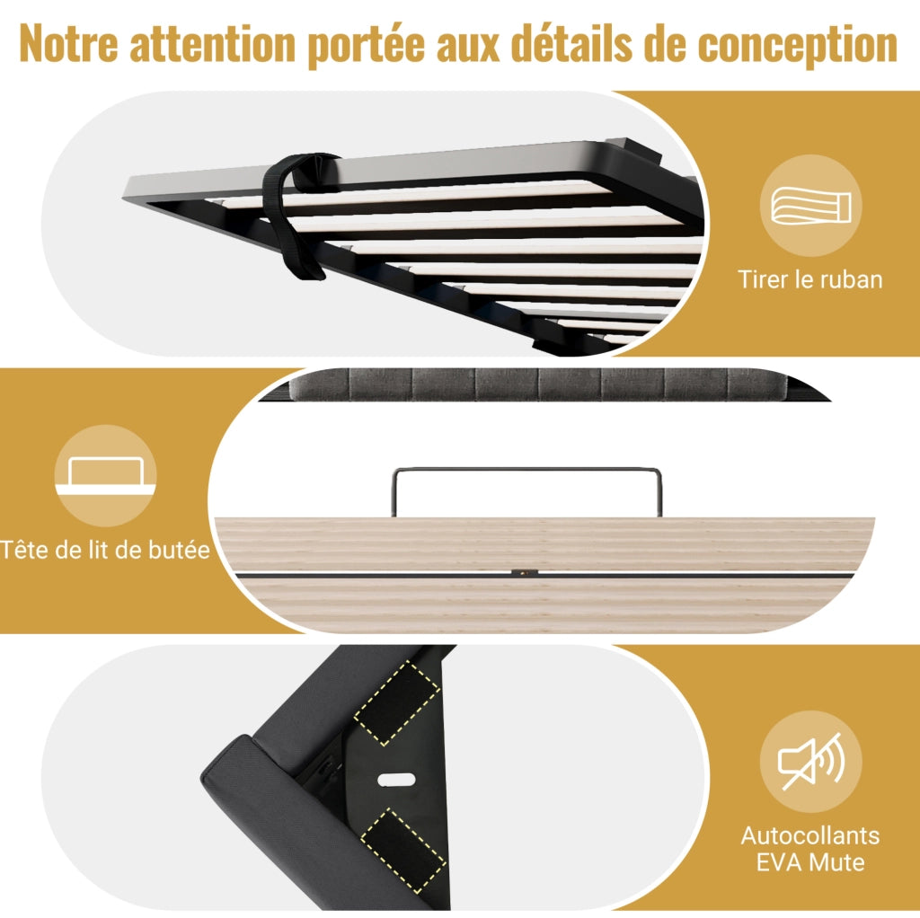 Letto imbottito grigio 140x200 cm con contenitore idraulico, illuminazione LED e porte di ricarica USB/Type-C, testiera con ripiani integrati