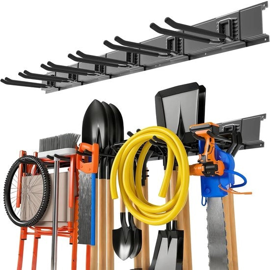 Sistema di Organizzazione per Attrezzi da Giardino a Parete 122 cm - Maniglione/Organizzatore - Sistema di Supporto per Parete - Spalla per Attrezzi da Giardino - Acciaio Inossidabile - Alta Capacità di Carico - Sistema di Organizzazione per Parete