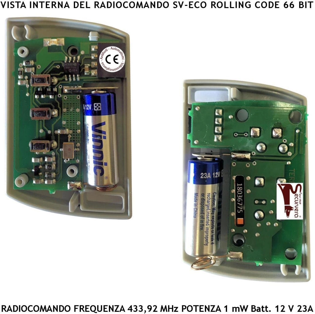 Radiocomando Cancello Automatico 2 Pezzi Frequenza 433,92 MHz 3 Canali Numerati Potenza 1 mW Portata Libera 60/100 MT Codice Sicurezza Securvera Rolling Code 66 Bit Batteria 12 V 23A Contenitore ABS