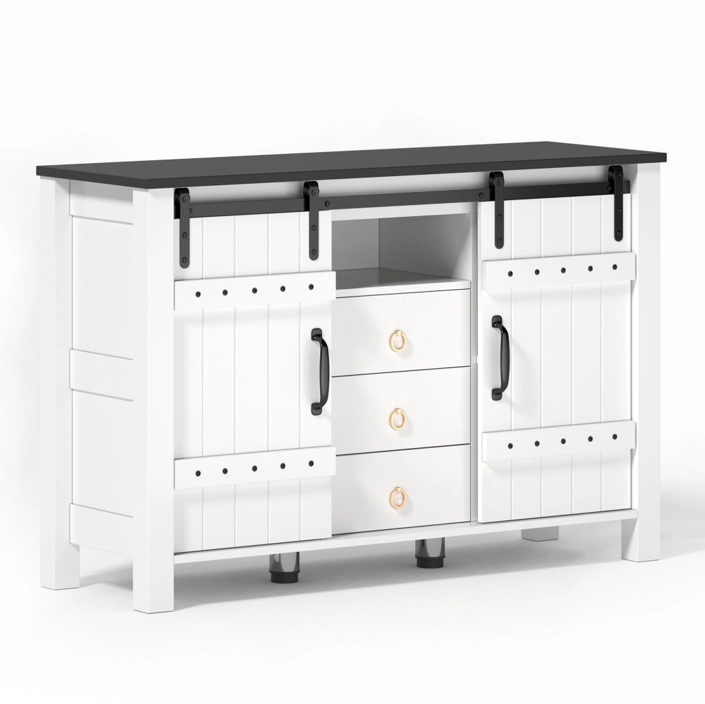 Sideboard bianco in legno rustico con 2 ante scorrevoli e 3 cassetti, larghezza 120 cm