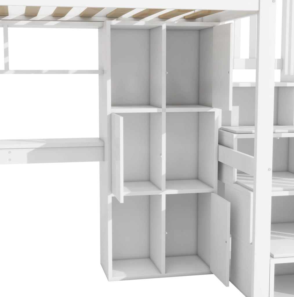 Letto a soppalco 90x200 cm con scrivania, LED e scala contenitore in pino e MDF bianco