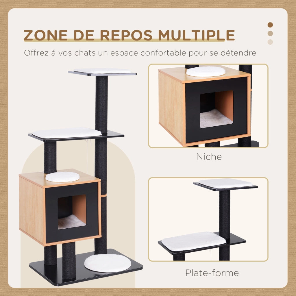 Albero tiragraffi per gatti centro attività in MDF e sisal con cuccia e piattaforme design moderno 71,5x49,5x120 cm nero e faggio