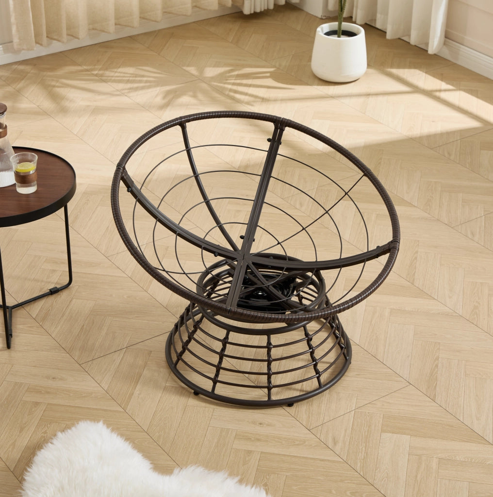 Sedia Papasan Ergonomica in Rattan con Cuscino Spesso e Girevole a 360°, Telaio Marrone e Cuscino Grigio in Velluto a Coste