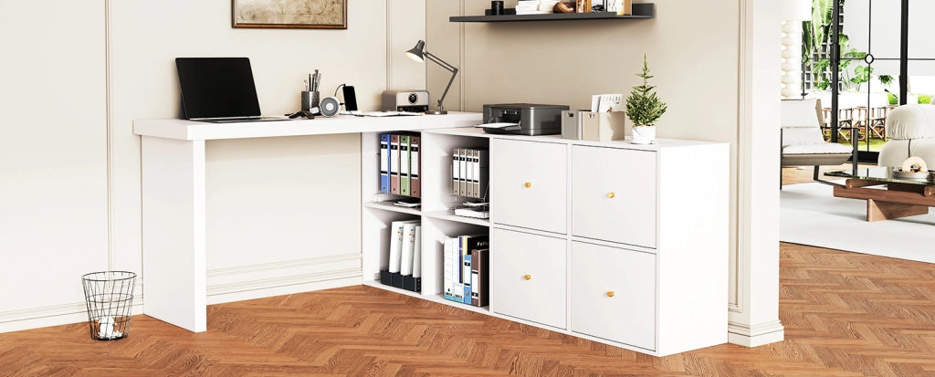 Scrivania angolare 140x120x78 cm in MDF bianco， girevole a 360°， con contenitori