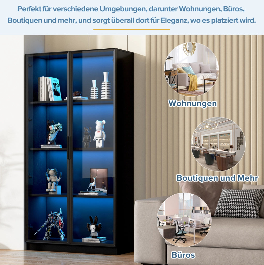 Vetrina in truciolato con porte in vetro e illuminazione LED controllabile tramite app, 80x40x160 cm, mobile alto per soggiorno nero
