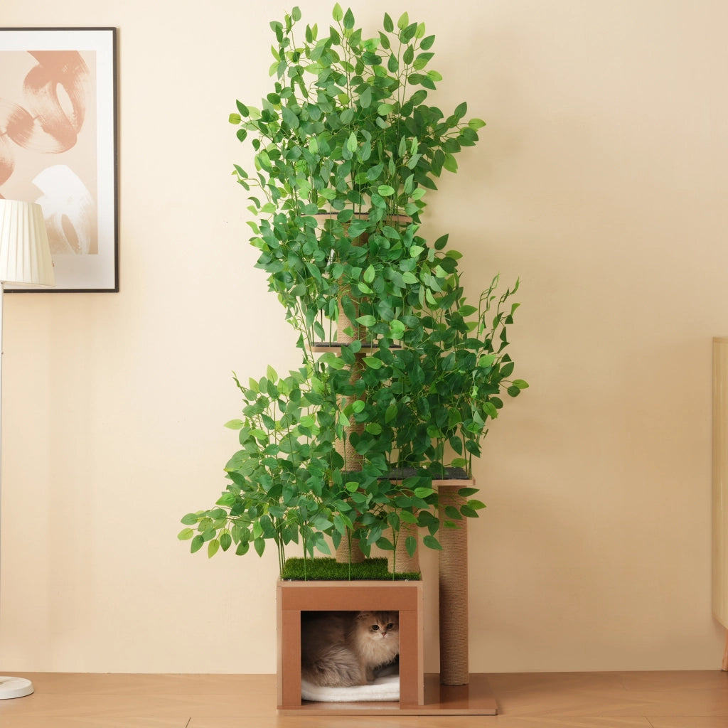Albero tiragraffi per gatti alto 190 cm con 4 piattaforme; cuccia e foglie removibili; verde