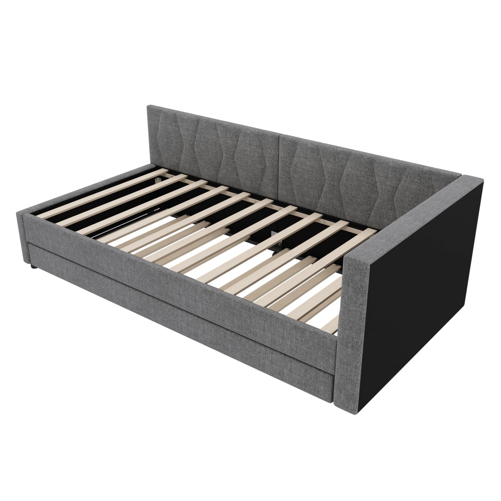 Letto singolo 90x200 cm con secondo letto estraibile; LED; USB e tipo C; lino e MDF; beige
