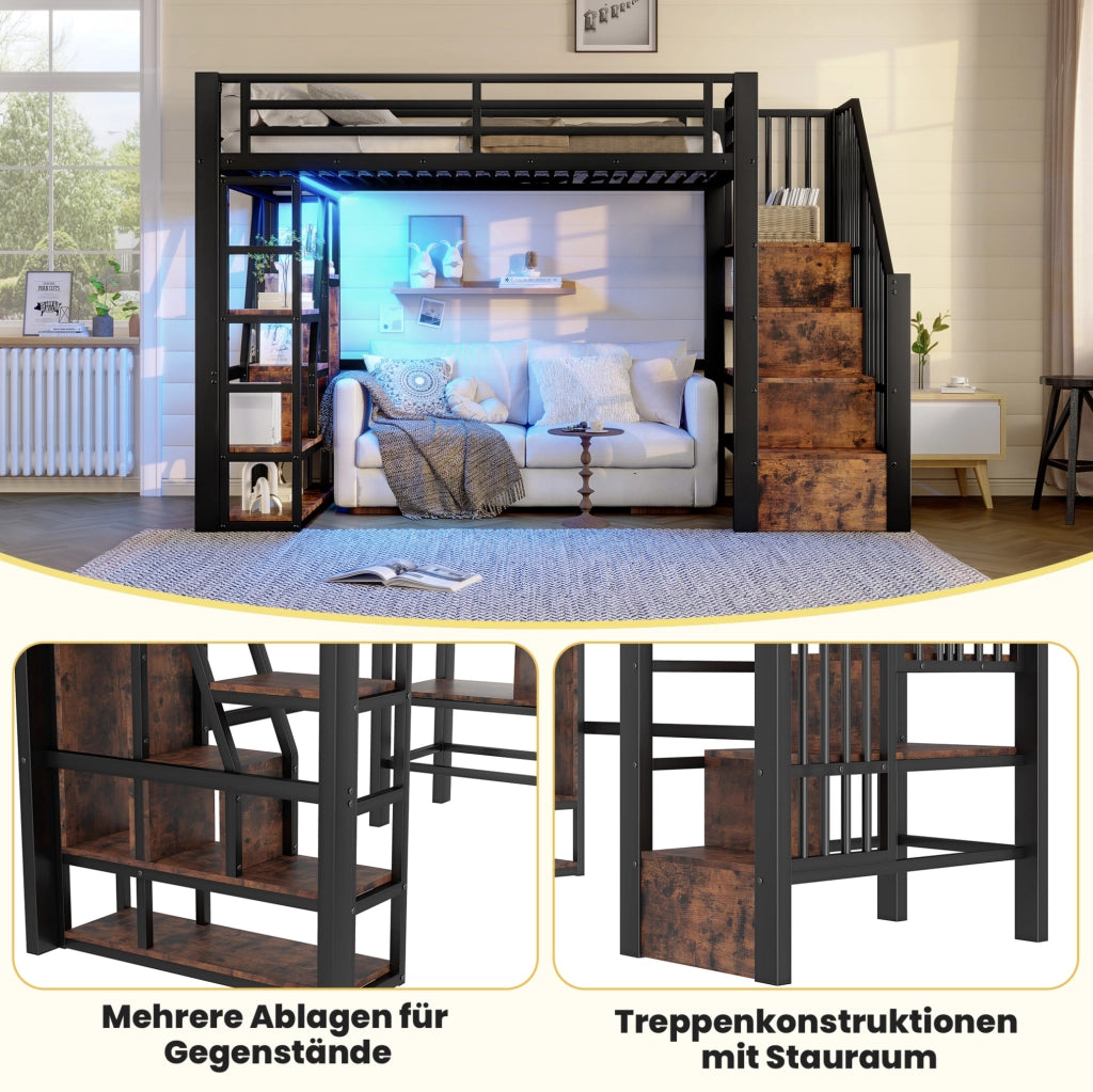 Letto a soppalco 90x200 cm con LED; ripiani e scaletta in metallo e MDF; nero