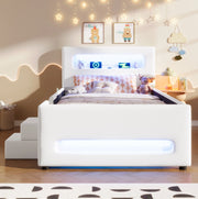 Letto piattaforma imbottito 90x200 cm bianco con cassetti, LED, USB e scaletta