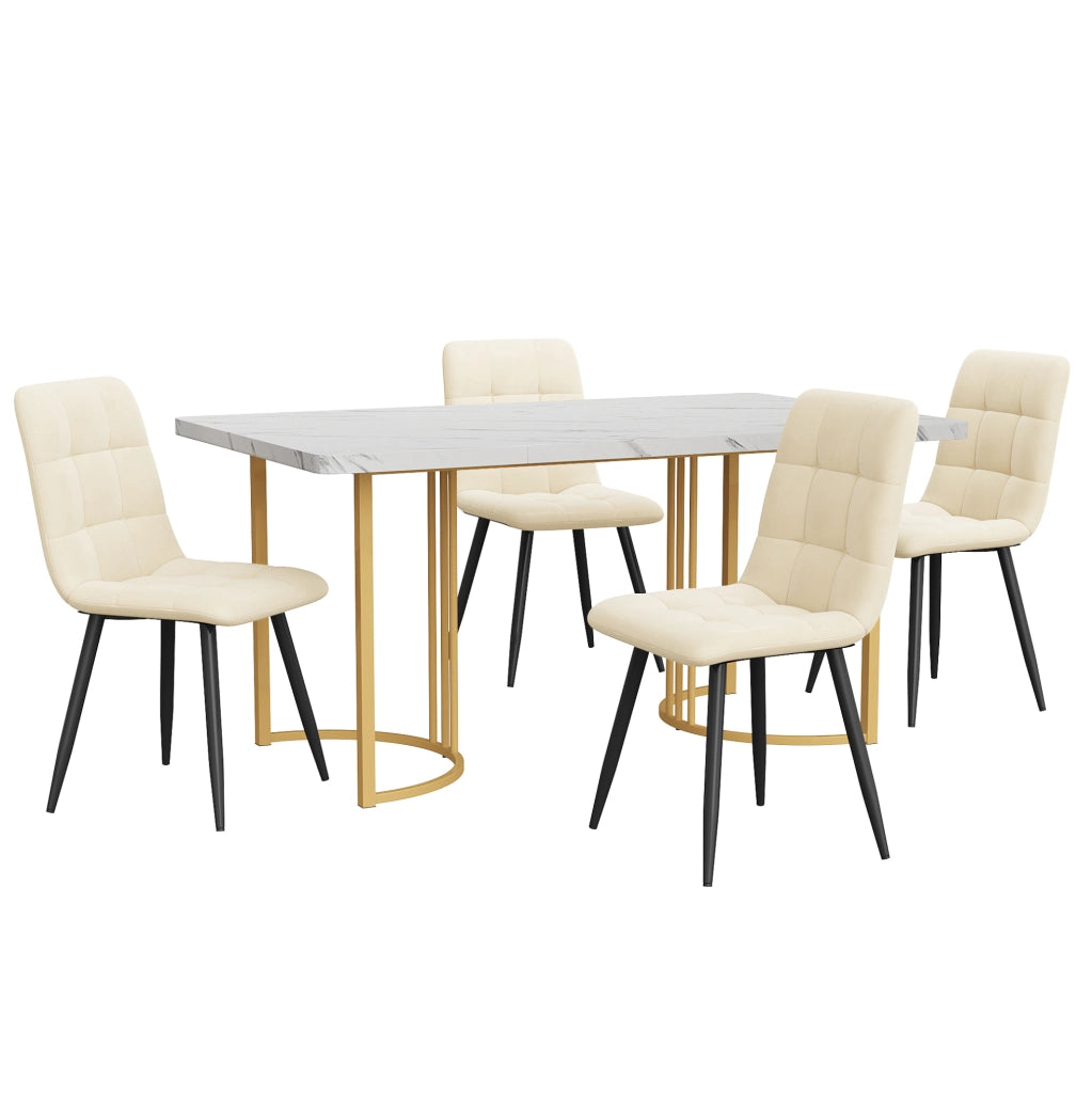 Set tavolo da pranzo 140x80 cm con 4 sedie in velluto; piano MDF bianco effetto marmo