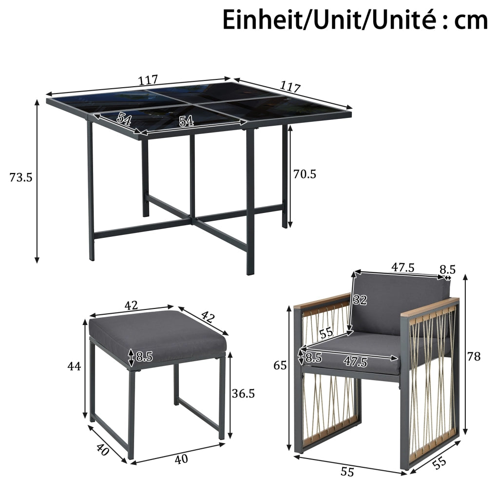 Set da pranzo da giardino 7 pezzi con tavolo quadrato in vetro temperato e sedie con braccioli in materiale composito legno-plastica, per 6 persone