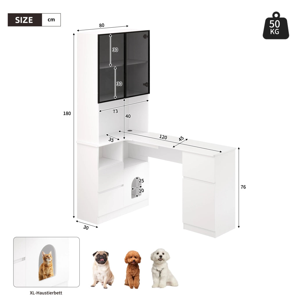 Scrivania angolare con libreria e vetrina LED, 3 cassetti e vano per animali, per studio, MDF bianco, 120 × 80 × 180 cm