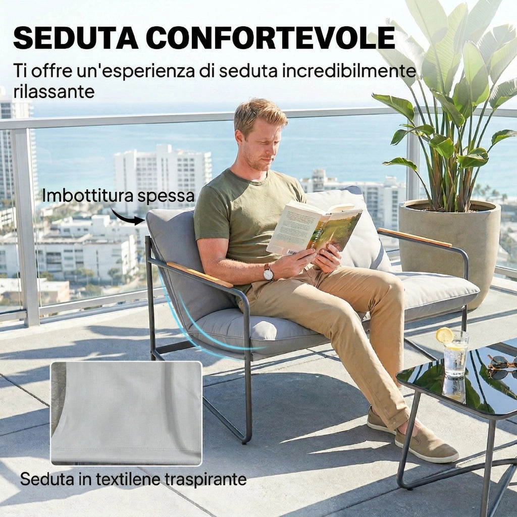 Set 4 Pezzi Salotto da Giardino con Divano 2 Posti e 2 Poltrone con Cuscini in Metallo e Texteline Grigio Chiaro