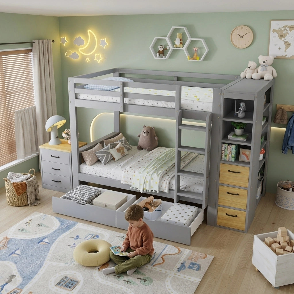 Letto a Castello Bambini LEMONMAX 90x200 cm con 2 Cassetti, Mobile Laterale con Ripiani, Scala Integrata e Comodino Modulare, Legno e MDF