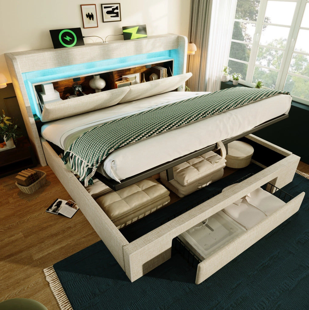 Letto imbottito 140x200 cm beige in lino con contenitore idraulico, testiera con scomparto, luci LED e porte USB/USB-C, con materasso incluso