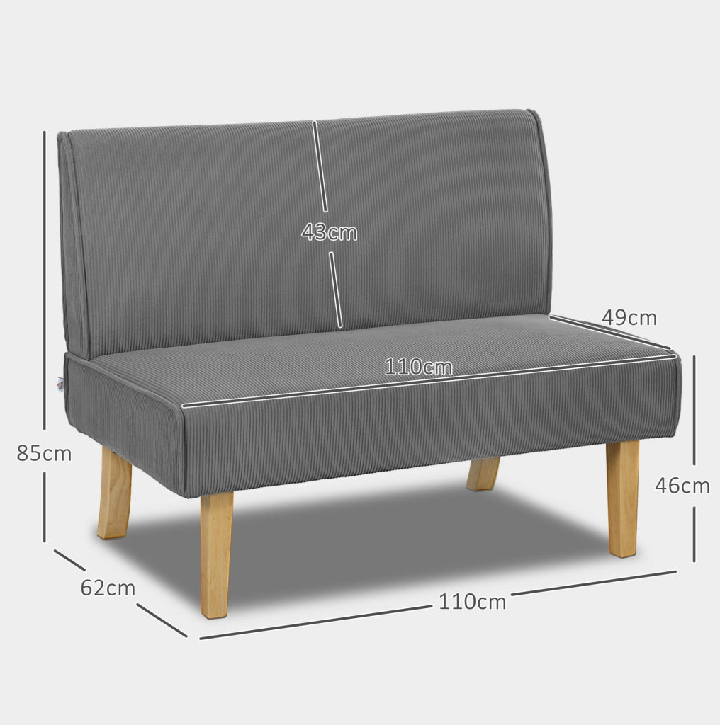 Divano 2 posti in velluto a coste grigio con gambe in legno, 110 x 62 x 85 cm
