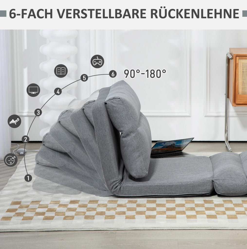 Sedia da Pavimento Pieghevole con Schienale Regolabile a 6 Posizioni, Imbottitura Spessa, Funzione Letto, Rivestimento in Tessuto Grigio 70x41x56 cm
