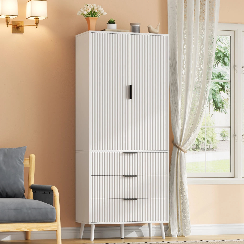 Mobile dispensa con 2 ante; 3 cassetti e ripiani regolabili in MDF bianco per cucina e soggiorno 75 × 35 × 180 cm