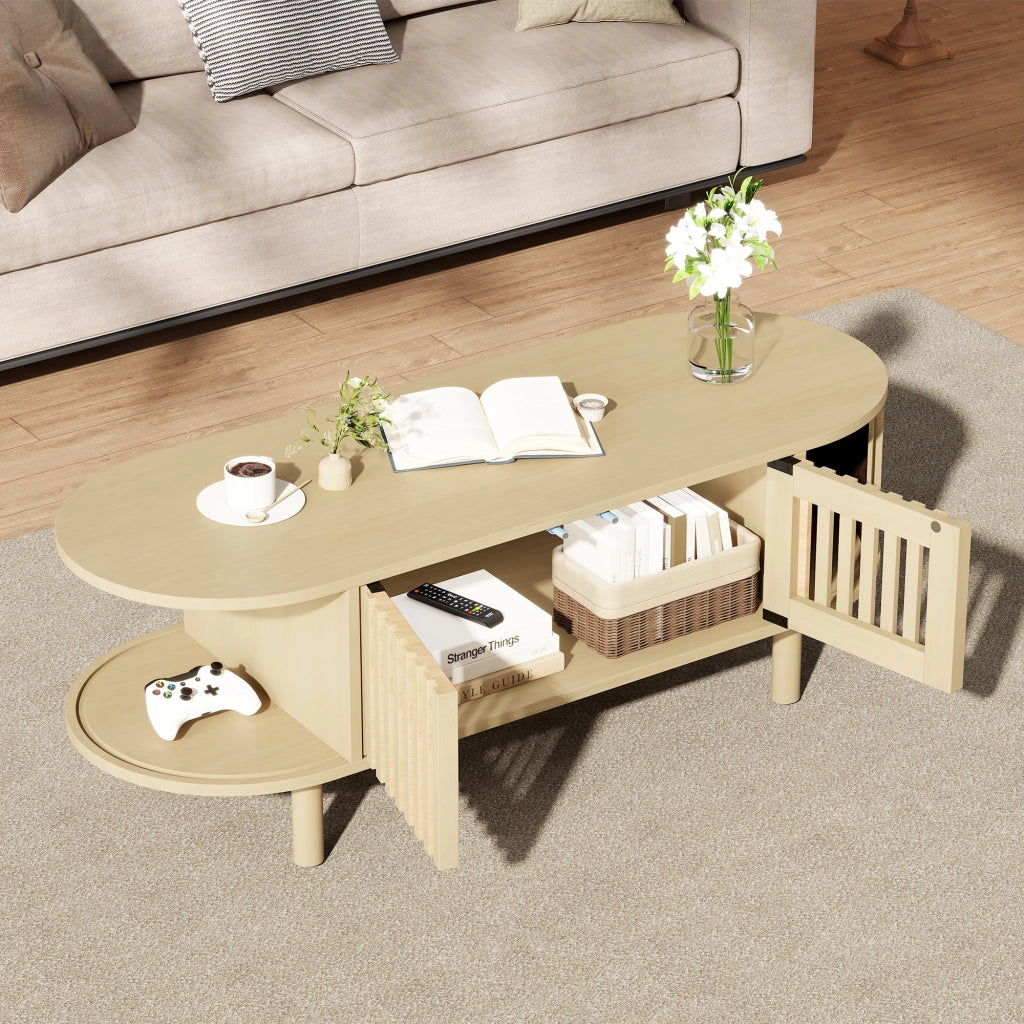 Tavolino basso fisso ovale con 2 ante a lamelle e anta scorrevole avvolgibile in MDF naturale 100 × 40 × 38 cm