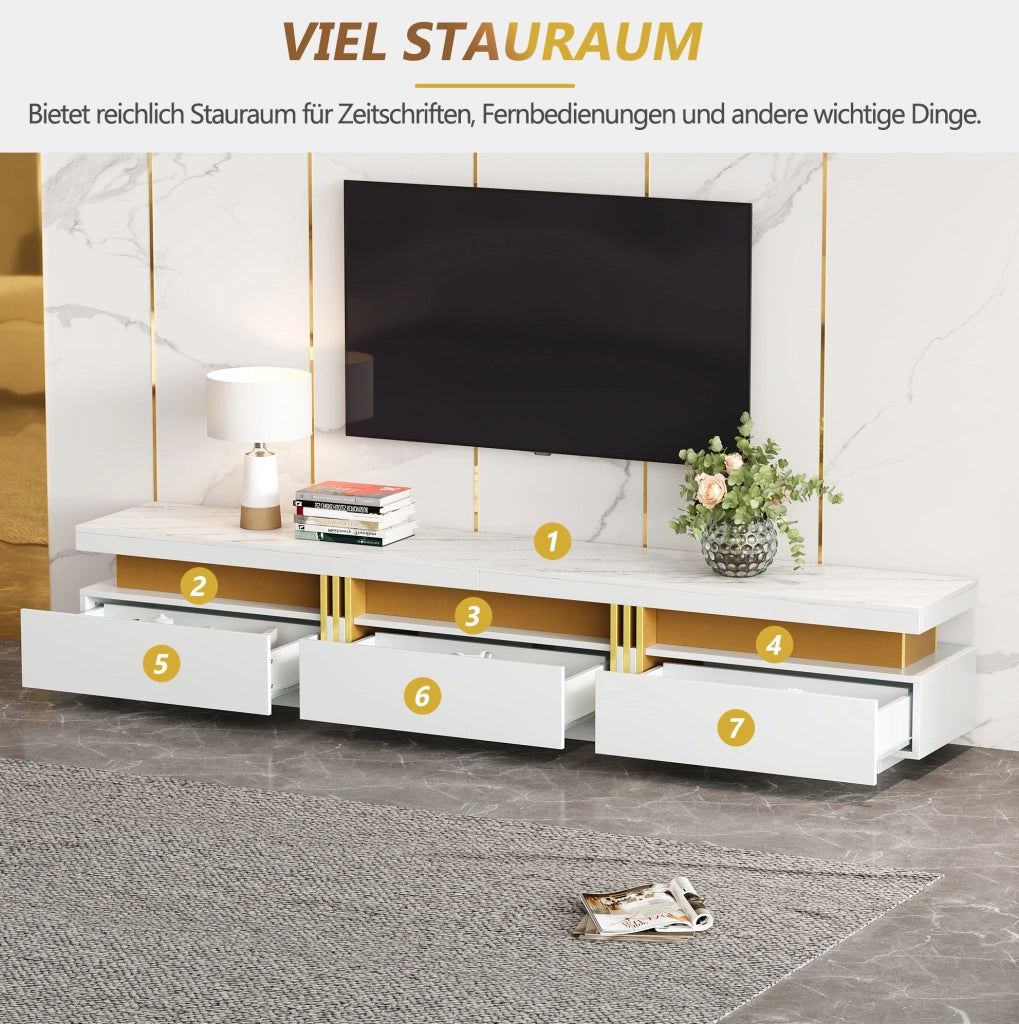 Mobile TV bianco 200 cm effetto marmo con 3 cassetti