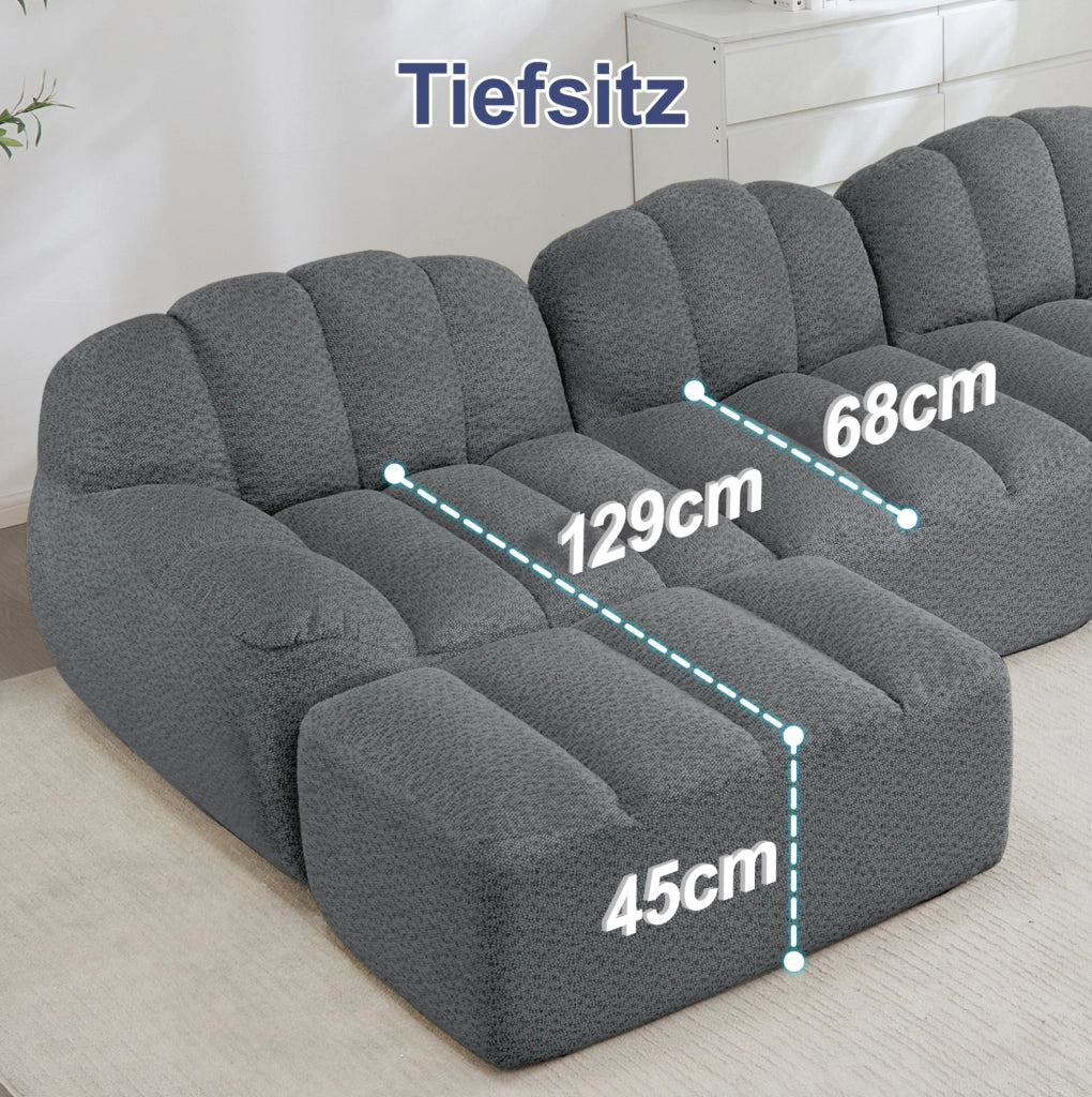 Divano modulare senza struttura a 2 posti a forma di L con pouf, cuscini profondi, grigio