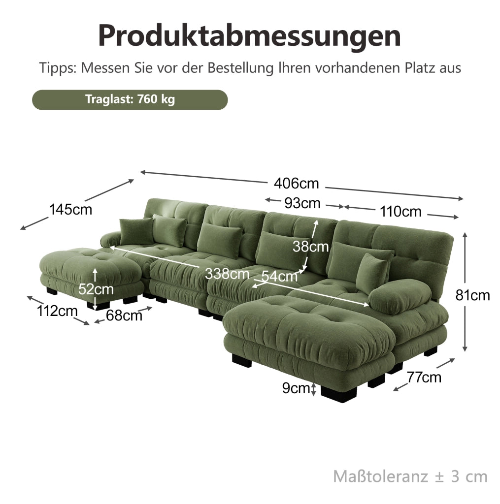 Sofà modulare ad angolo a U 4 posti in chenille verde con pouf mobili