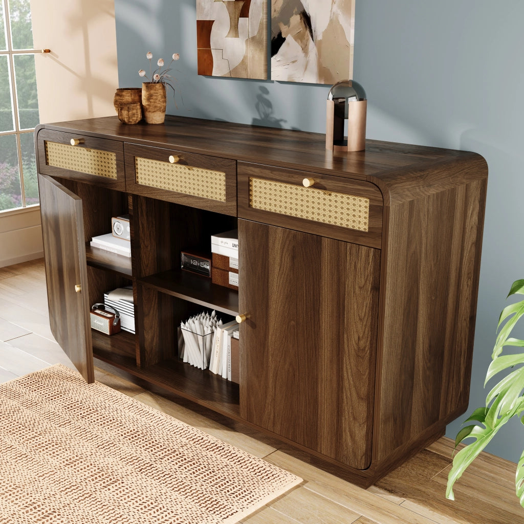 Madia con 3 cassetti; 2 ante e vano aperto; ripiani regolabili; per soggiorno; in MDF; effetto noce; 120 × 40 × 85 cm