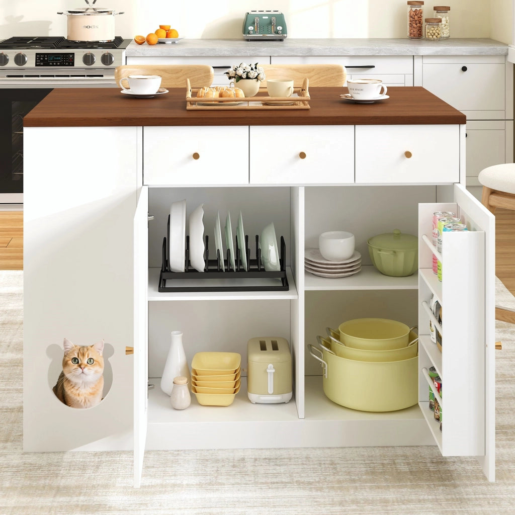 Mobile base da cucina con piano estraibile; 3 cassetti; portaspezie e area pappa per gatto in MDF bianco noce