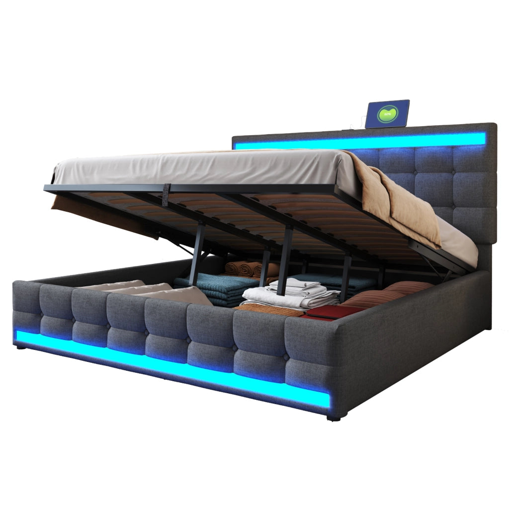 Letto imbottito 180 x 200 cm con contenitore idraulico, porta USB e striscia LED a colori variabili, letto singolo in lino, Grigio