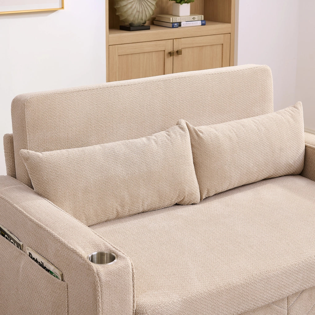Divano letto 195x134x73 cm trasformabile con porte USB in legno e tessuto beige