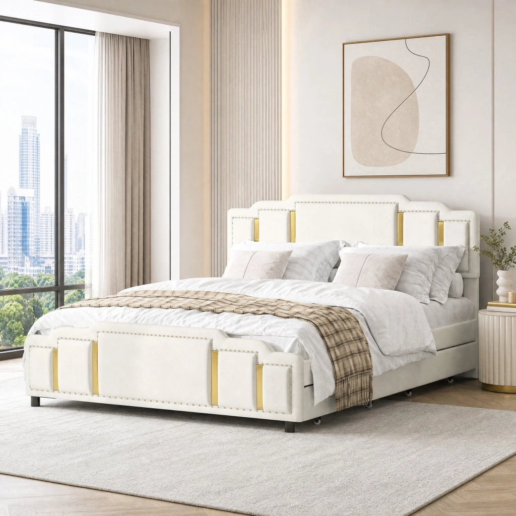 Letto con cassetti 160 × 200 cm in velluto beige con LED a 7 colori e finiture decorative in acciaio inox