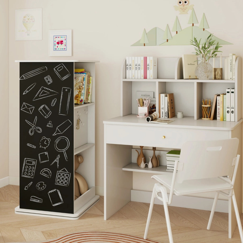 Libreria rotante per bambini scaffale angolare con lavagna-Libreria specchio ganci appendini e scomparti aperti Bianco