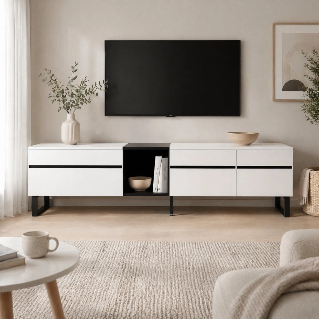 Mobile TV 180x38x45 cm con vano a ribalta e ante in truciolare bianco