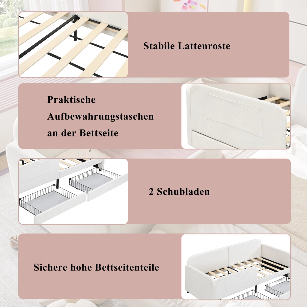 Letto per bambini singolo 90 × 200 cm con 2 cassetti e 3 tasche laterali, senza materasso, in velluto bianco
