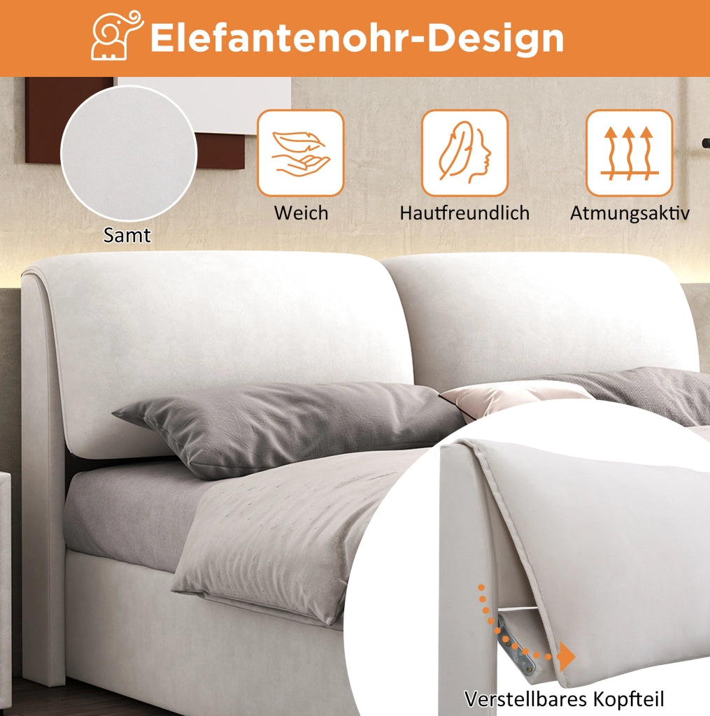 Letto imbottito 180x200 cm con contenitore idraulico, 3 cassetti e testiera in velluto beige, senza materasso
